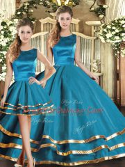 Floor Length Teal Quince Ball Gowns Scoop Sleeveless Lace Up