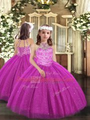 Simple Fuchsia Tulle Lace Up Kids Formal Wear Sleeveless Floor Length Beading
