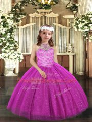 Simple Fuchsia Tulle Lace Up Kids Formal Wear Sleeveless Floor Length Beading