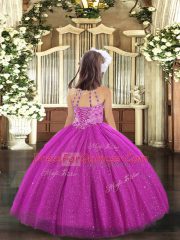 Simple Fuchsia Tulle Lace Up Kids Formal Wear Sleeveless Floor Length Beading