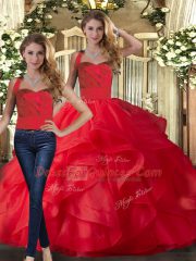 Spectacular Red Two Pieces Tulle Halter Top Sleeveless Ruffles Floor Length Lace Up Quinceanera Gowns