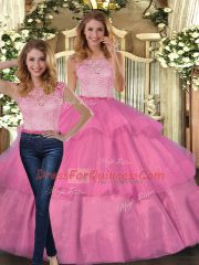 Floor Length Two Pieces Sleeveless Hot Pink Ball Gown Prom Dress Lace Up