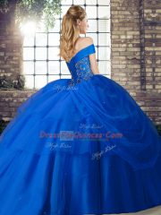 Top Selling Turquoise Ball Gowns Off The Shoulder Sleeveless Tulle Brush Train Lace Up Beading and Pick Ups Quinceanera Gown