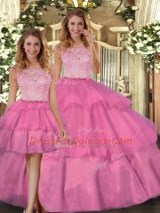 Stylish Hot Pink Sleeveless Floor Length Lace Zipper Sweet 16 Quinceanera Dress