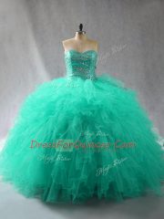 Traditional Turquoise Sleeveless Tulle Lace Up 15 Quinceanera Dress for Sweet 16 and Quinceanera