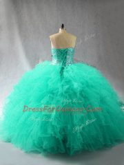 Traditional Turquoise Sleeveless Tulle Lace Up 15 Quinceanera Dress for Sweet 16 and Quinceanera