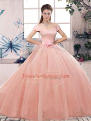 Pink Two Pieces Lace and Hand Made Flower Vestidos de Quinceanera Lace Up Tulle Short Sleeves Floor Length