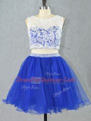 Perfect Royal Blue Scoop Neckline Lace and Appliques Prom Gown Sleeveless Zipper