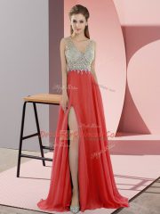Coral Red Prom Dress Chiffon Sweep Train Sleeveless Beading