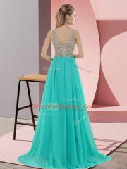 Coral Red Prom Dress Chiffon Sweep Train Sleeveless Beading