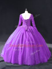 Enchanting Purple Long Sleeves Lace and Appliques Floor Length 15th Birthday Dress