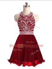 Wine Red Chiffon Lace Up Halter Top Sleeveless Mini Length Prom Gown Beading