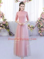 High Quality Pink High-neck Zipper Lace Dama Dress for Quinceanera Half Sleeves