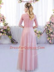 High Quality Pink High-neck Zipper Lace Dama Dress for Quinceanera Half Sleeves