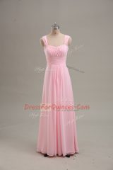 Baby Pink Chiffon Zipper Straps Sleeveless Floor Length Ruching