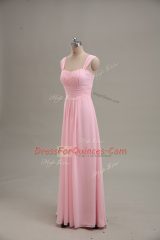 Baby Pink Chiffon Zipper Straps Sleeveless Floor Length Ruching