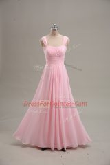 Baby Pink Chiffon Zipper Straps Sleeveless Floor Length Ruching
