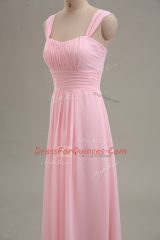 Baby Pink Chiffon Zipper Straps Sleeveless Floor Length Ruching