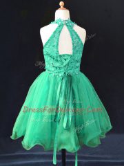 Green Organza Lace Up Halter Top Sleeveless Mini Length Kids Formal Wear Beading and Lace