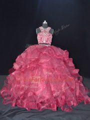 Fabulous Brush Train Two Pieces Quinceanera Gowns Burgundy Scoop Organza Sleeveless Backless