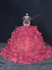Fabulous Brush Train Two Pieces Quinceanera Gowns Burgundy Scoop Organza Sleeveless Backless