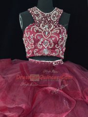 Fabulous Brush Train Two Pieces Quinceanera Gowns Burgundy Scoop Organza Sleeveless Backless