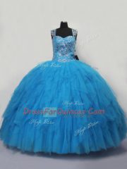 Fashionable Sleeveless Floor Length Beading and Ruffles Lace Up Sweet 16 Dress with Blue