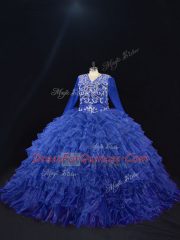 Excellent V-neck Long Sleeves Sweet 16 Dresses Floor Length Beading and Ruffled Layers Royal Blue Organza