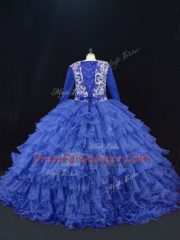 Excellent V-neck Long Sleeves Sweet 16 Dresses Floor Length Beading and Ruffled Layers Royal Blue Organza