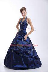 Captivating Royal Blue Lace Up Halter Top Embroidery and Pick Ups Ball Gown Prom Dress Taffeta Sleeveless