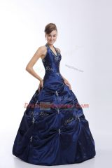 Captivating Royal Blue Lace Up Halter Top Embroidery and Pick Ups Ball Gown Prom Dress Taffeta Sleeveless