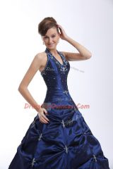 Captivating Royal Blue Lace Up Halter Top Embroidery and Pick Ups Ball Gown Prom Dress Taffeta Sleeveless