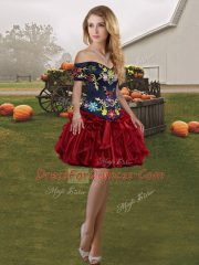 Wine Red Organza Lace Up Off The Shoulder Sleeveless Mini Length Homecoming Dress Embroidery and Ruffles