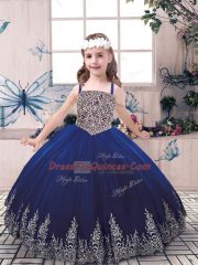 Gorgeous Blue Straps Lace Up Beading and Embroidery Little Girls Pageant Dress Wholesale Sleeveless