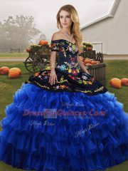 Vintage Blue And Black Lace Up Sweet 16 Dress Embroidery and Ruffled Layers Sleeveless Floor Length