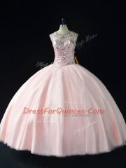 Designer Pink Ball Gowns Tulle Scoop Sleeveless Beading Floor Length Lace Up Quinceanera Dresses