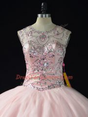 Designer Pink Ball Gowns Tulle Scoop Sleeveless Beading Floor Length Lace Up Quinceanera Dresses