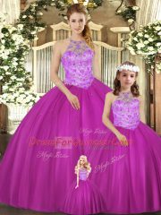 Tulle Halter Top Sleeveless Lace Up Beading 15 Quinceanera Dress in Fuchsia