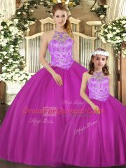 Tulle Halter Top Sleeveless Lace Up Beading 15 Quinceanera Dress in Fuchsia
