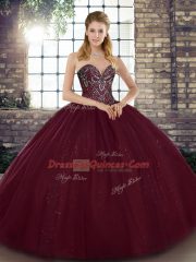 Burgundy Tulle Lace Up Sweetheart Sleeveless Floor Length Quince Ball Gowns Beading