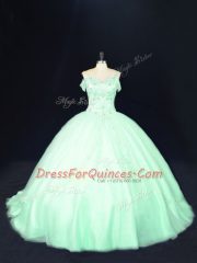 Pretty Apple Green Sleeveless Tulle Court Train Lace Up Quinceanera Dress for Sweet 16 and Quinceanera