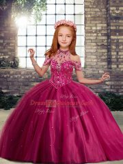 Enchanting Fuchsia Sleeveless Floor Length Beading Lace Up Little Girls Pageant Dress