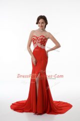 Spectacular Mermaid Sleeveless Red Brush Train Zipper