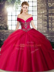 Fashionable Red Lace Up Off The Shoulder Beading and Pick Ups Quince Ball Gowns Tulle Sleeveless Brush Train