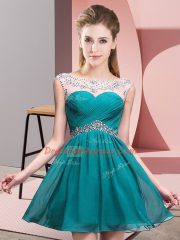 Nice Teal A-line Scoop Sleeveless Chiffon Mini Length Backless Beading and Ruching Prom Gown