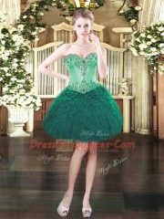 Hot Sale Dark Green Organza Lace Up Sweetheart Sleeveless Mini Length Dress for Prom Beading and Ruffles