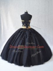 Edgy Black Strapless Neckline Appliques Quinceanera Gown Sleeveless Lace Up