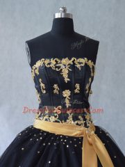 Edgy Black Strapless Neckline Appliques Quinceanera Gown Sleeveless Lace Up