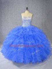 Blue Organza Lace Up Sweetheart Sleeveless Floor Length Quince Ball Gowns Beading and Ruffles