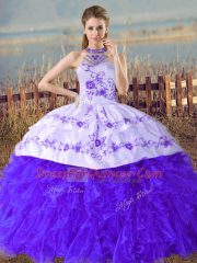 Super Embroidery and Ruffles Sweet 16 Dress Blue Lace Up Sleeveless Court Train